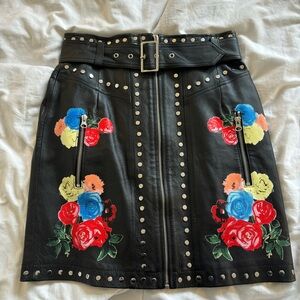 ASOS 100% Leather Flower Print Embellished  Black Skirt
